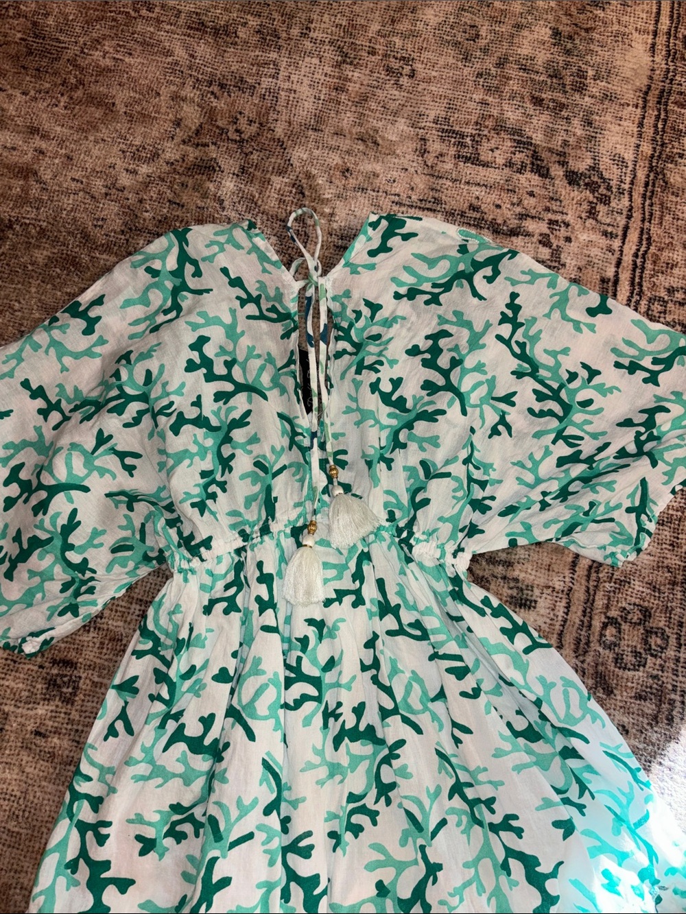 Green Coral Print Womens Dress with Tassel Tie - Picture 10 of 10